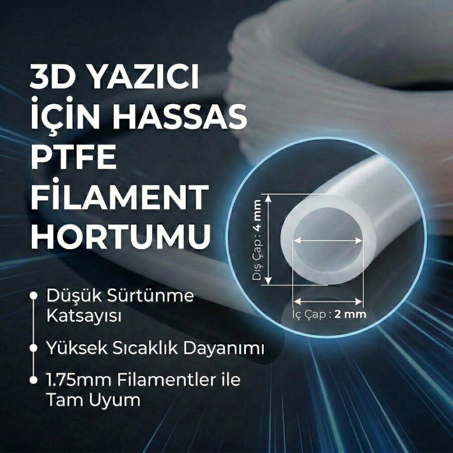 3D Yazıcı İçin Hassas Dyzer PTFE Filament Kılavuz Hortumu (1.75mm Filament uyumlu)  - 1